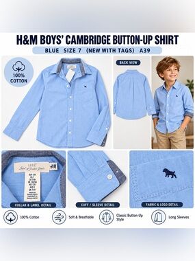 H&M BOYS' CAMBRIDGE BUTTON-UP SHIRT - BLUE SIZE 7 (NEW WITH TAGS) A39